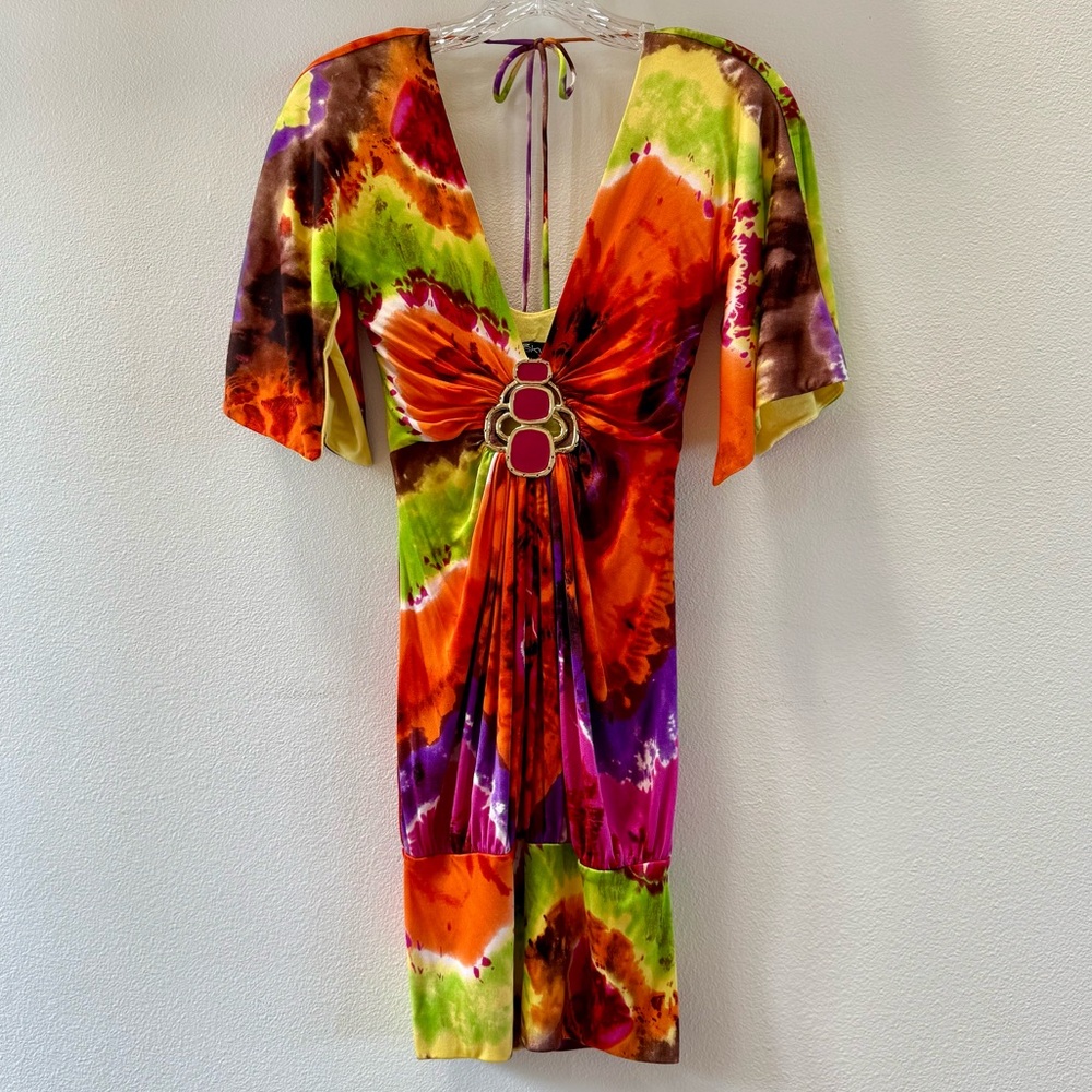 Vibrant Multicolor Cocktail Dress With Jewel Design Center